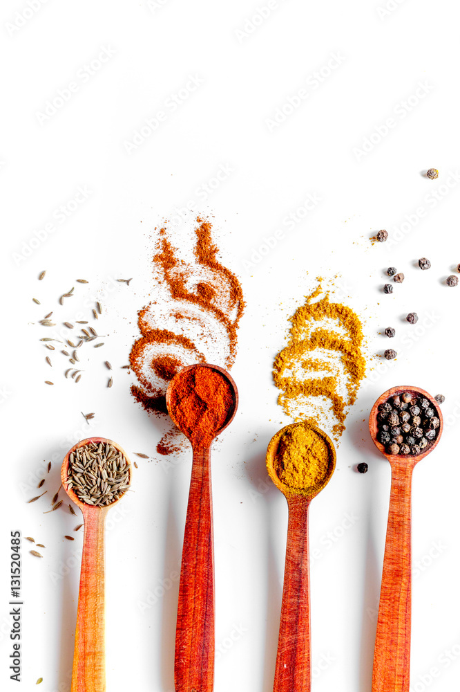 spices in wooden spoons white background top view mock up