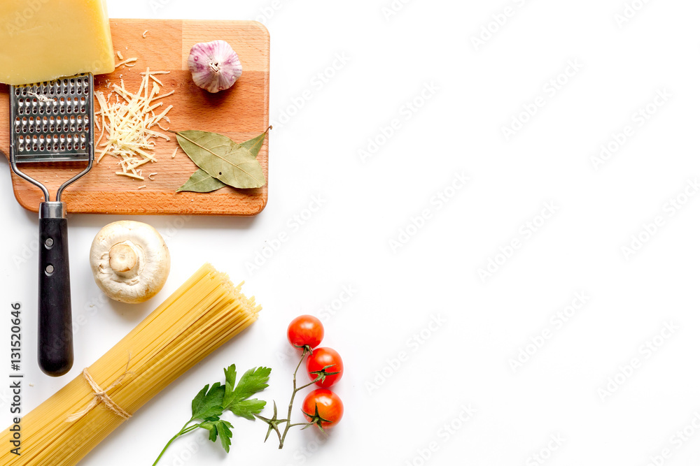 ingredients for cooking paste white background top view mock up