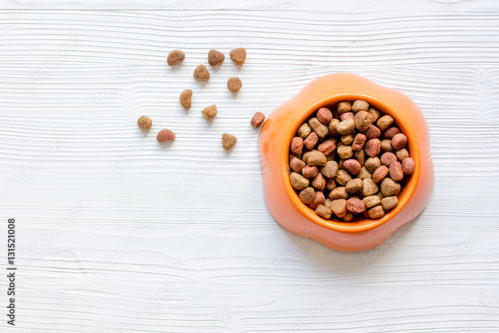 dry pet food in bowl on white background top view