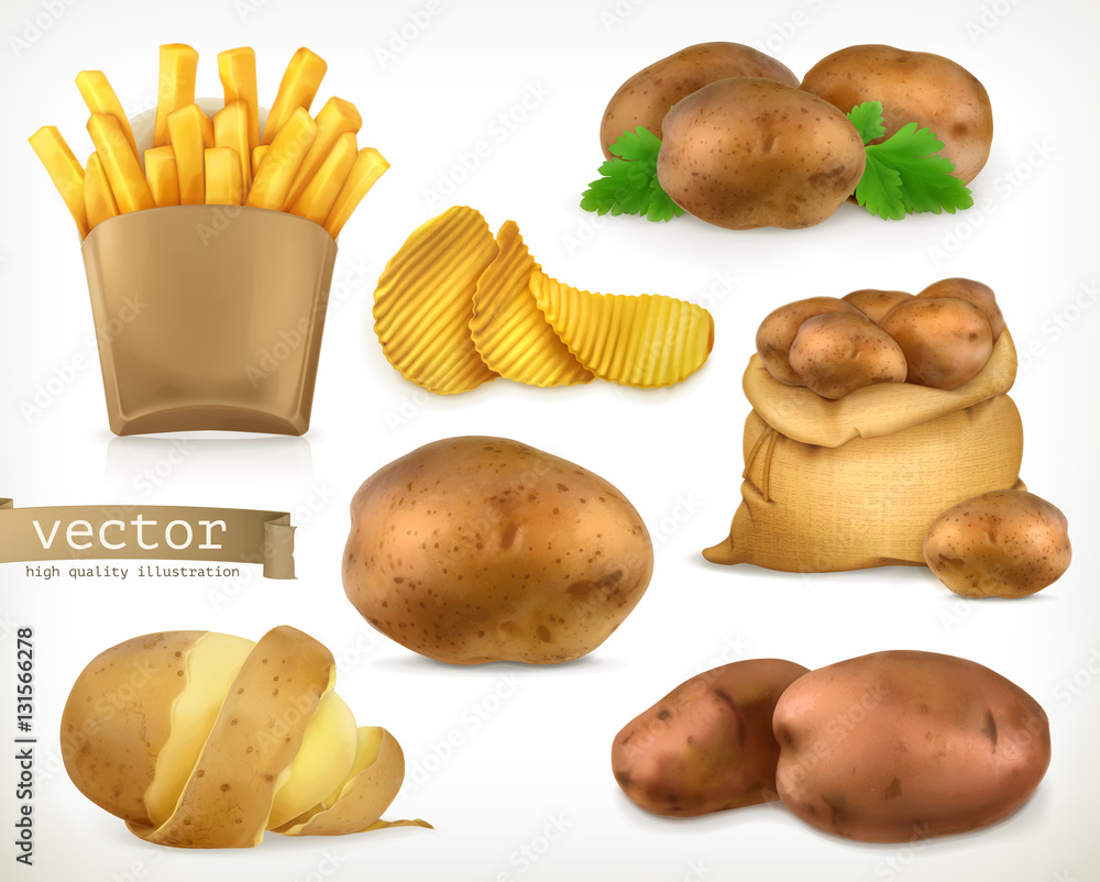 Potato and fry chips. Vegetable 3d vector icon set