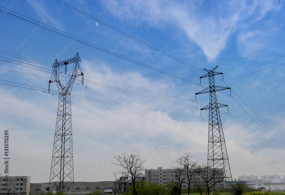 high voltage post.High-voltage tower sky background.