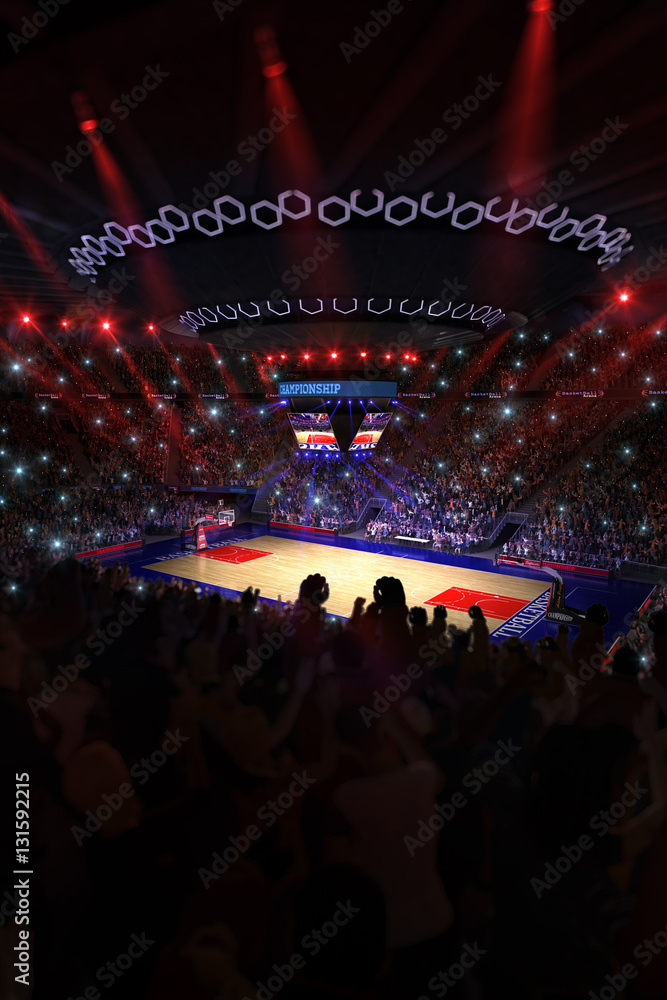 Basketball court with people fan. Sport arena.Photoreal 3d rende