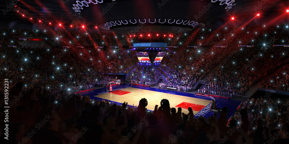 Basketball court with people fan. Sport arena.Photoreal 3d rende