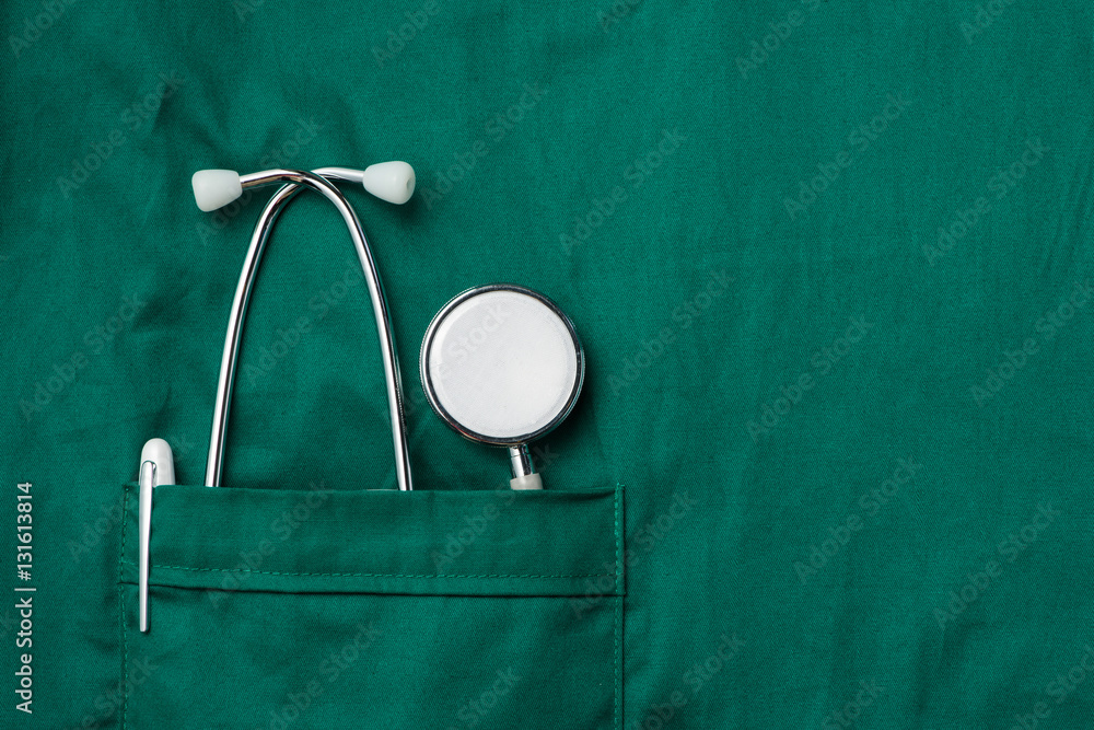 Closeup of a stethoscope on a medical uniform