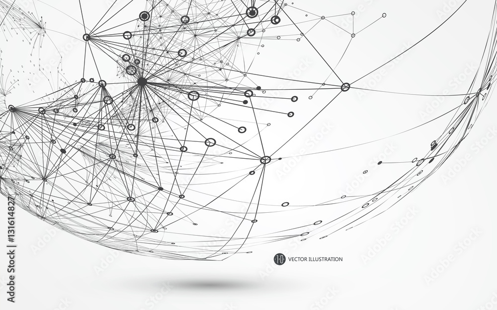 Dotted lines connected to the abstract graphics, network connections.