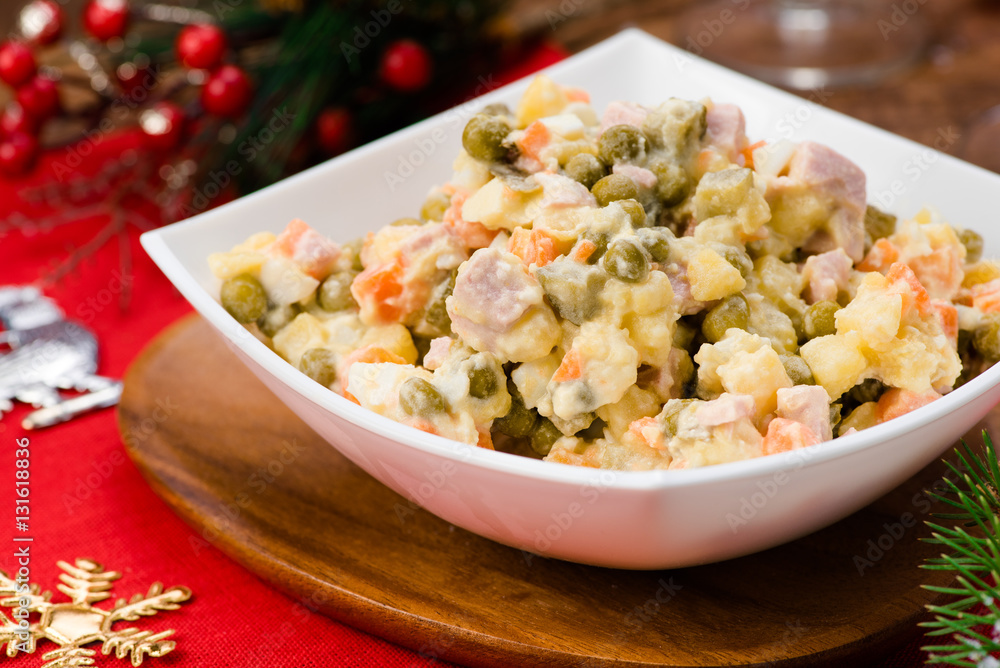 Russian Salad Olivie. Christmas. Tradition. New Year.