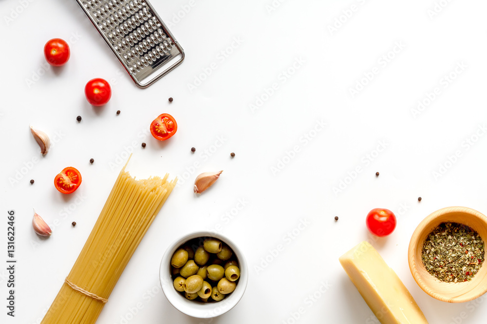 ingredients for cooking paste white background top view mock up