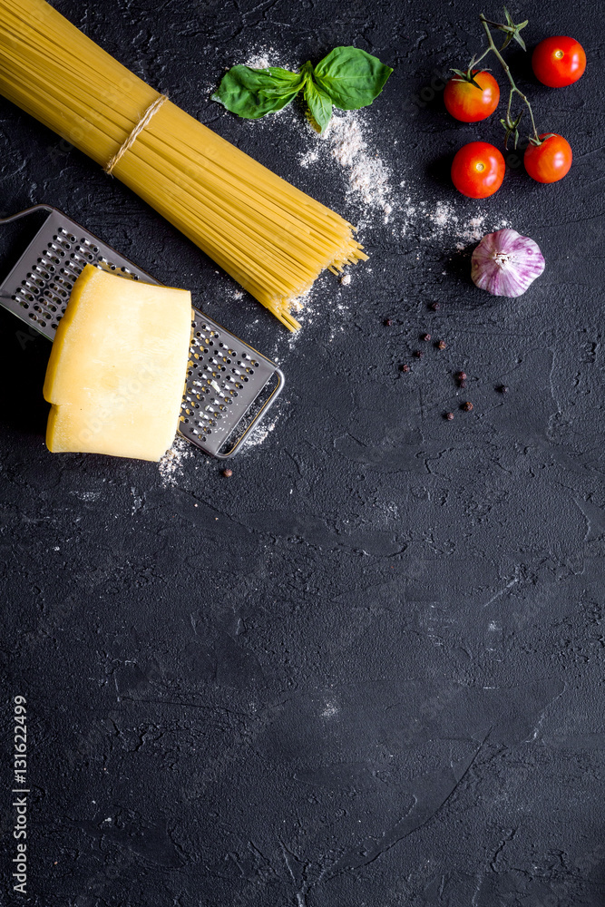 ingredients for cooking paste dark background top view mock up