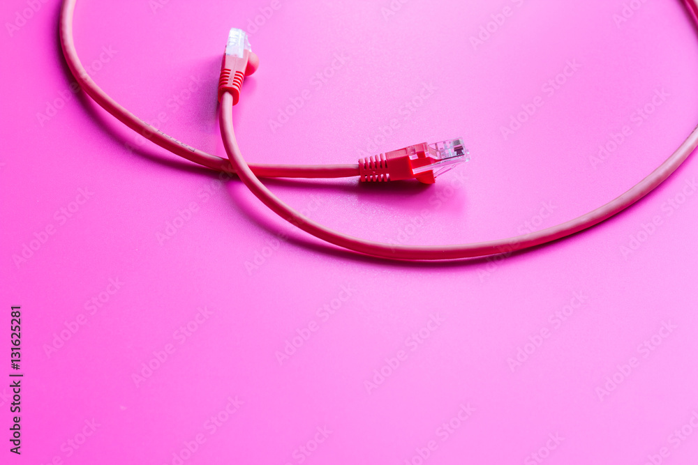 concept network internet cable on pink background close up