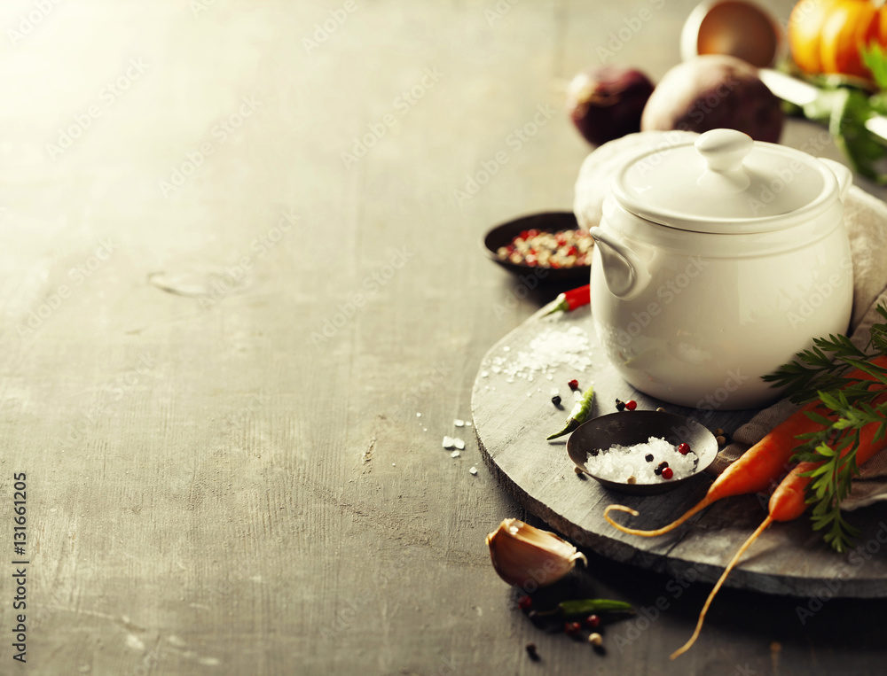 Cooking pot and vegetables for making vegetable soup