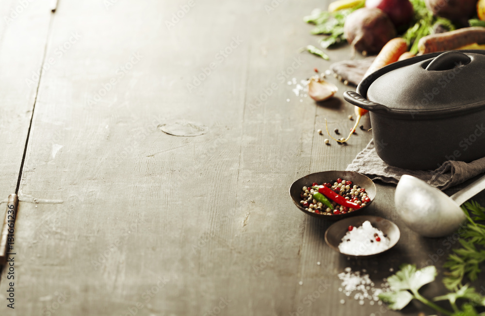 Cast iron pot and vegetables