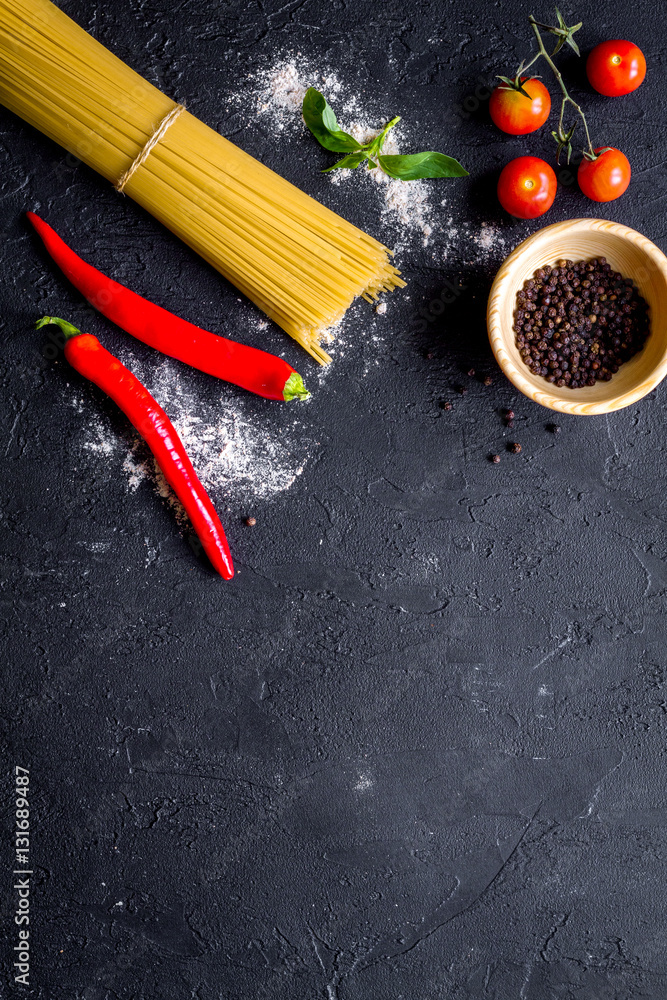 ingredients for cooking paste dark background top view mock up