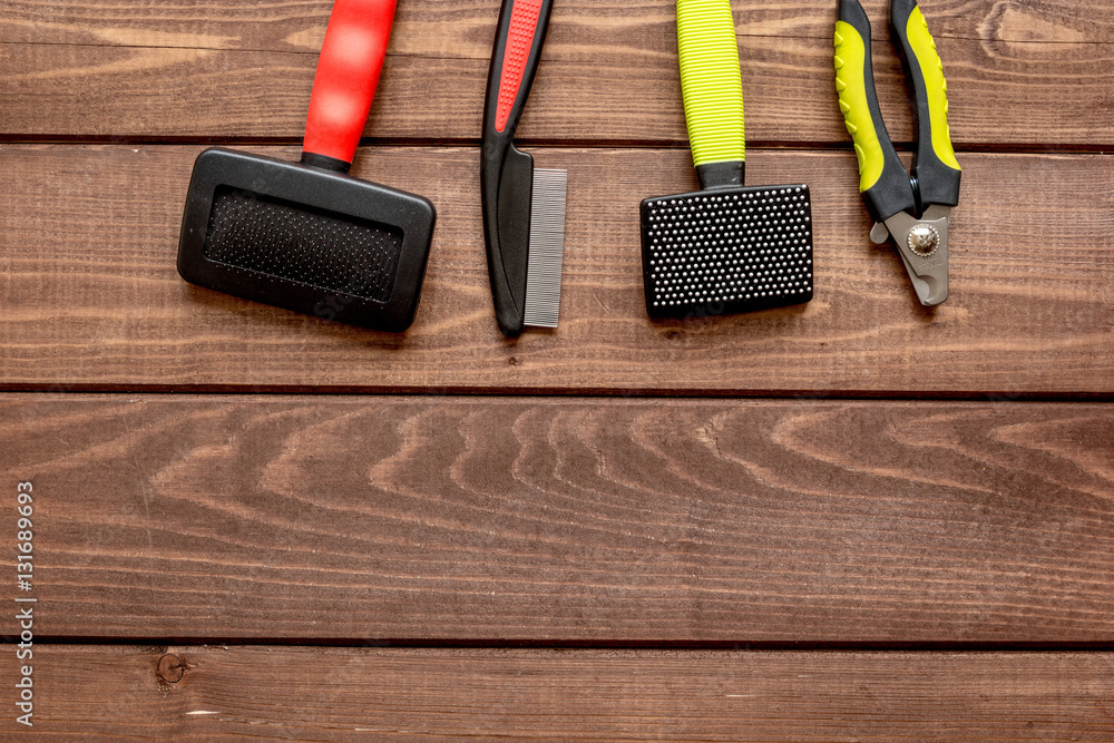 concept pet grooming on wooden background top view