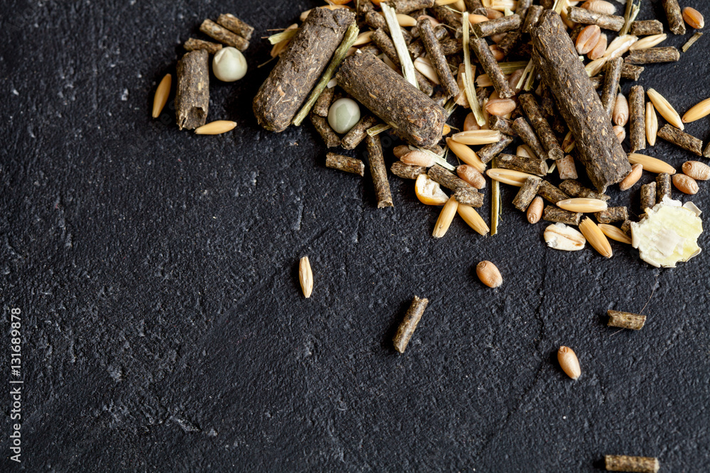 dry food for rodents on dark background top view