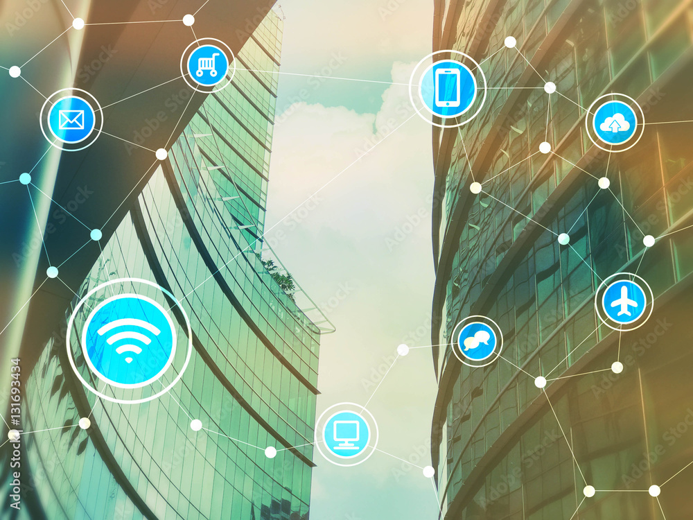 Smart city with communication icons, internet of things conceptu