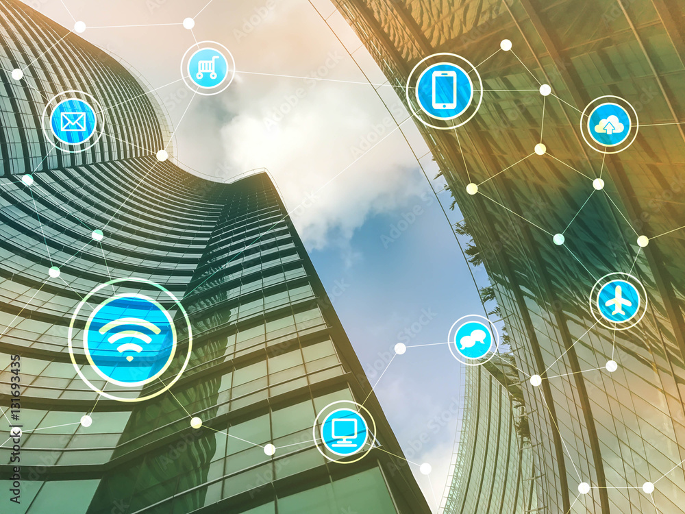 Smart city with communication icons, internet of things conceptu