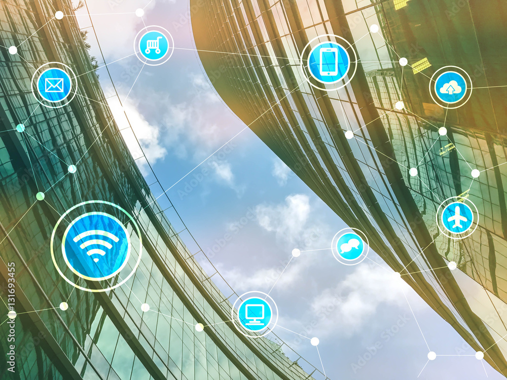 Smart city with communication icons, internet of things conceptu