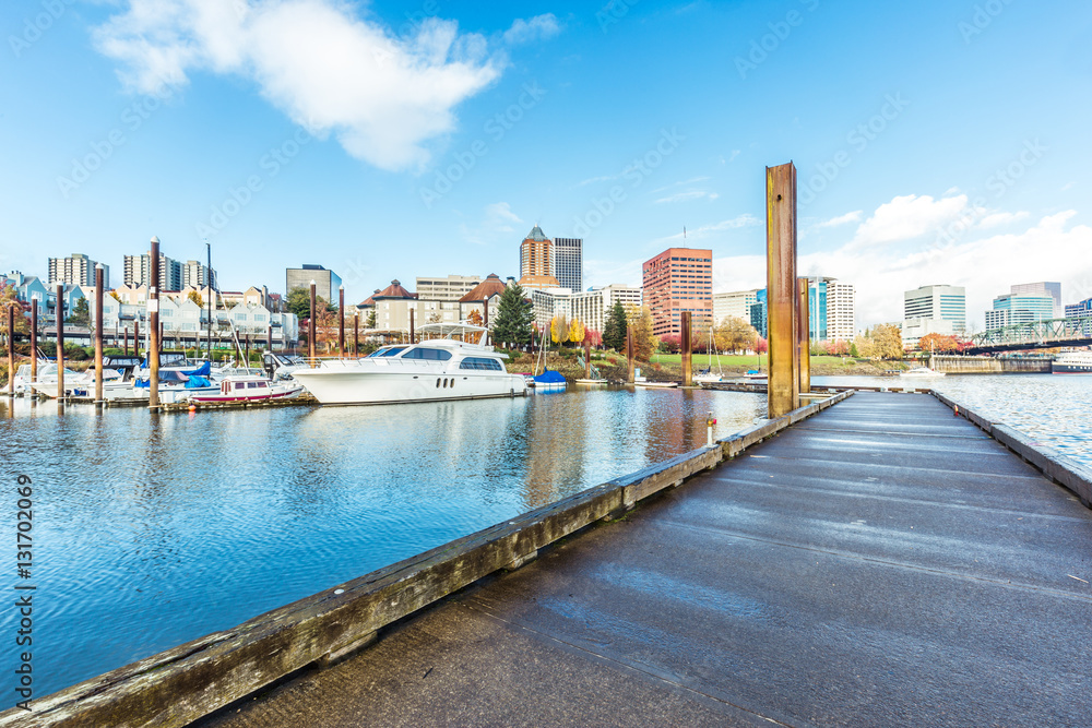 cityscape and skyline of portland from empty bridge