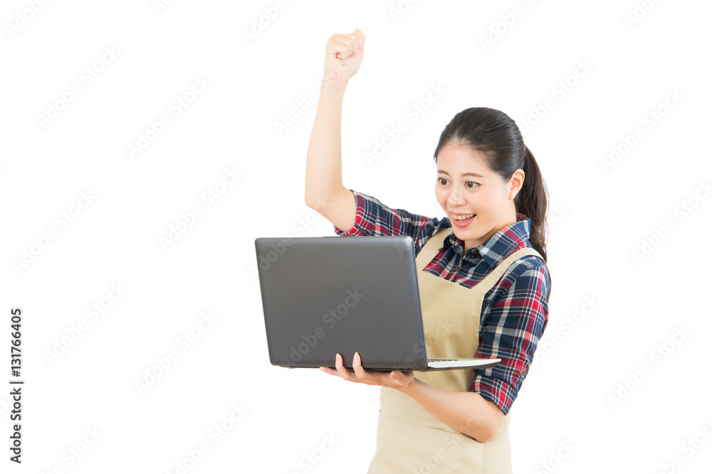 housewife using computer successful