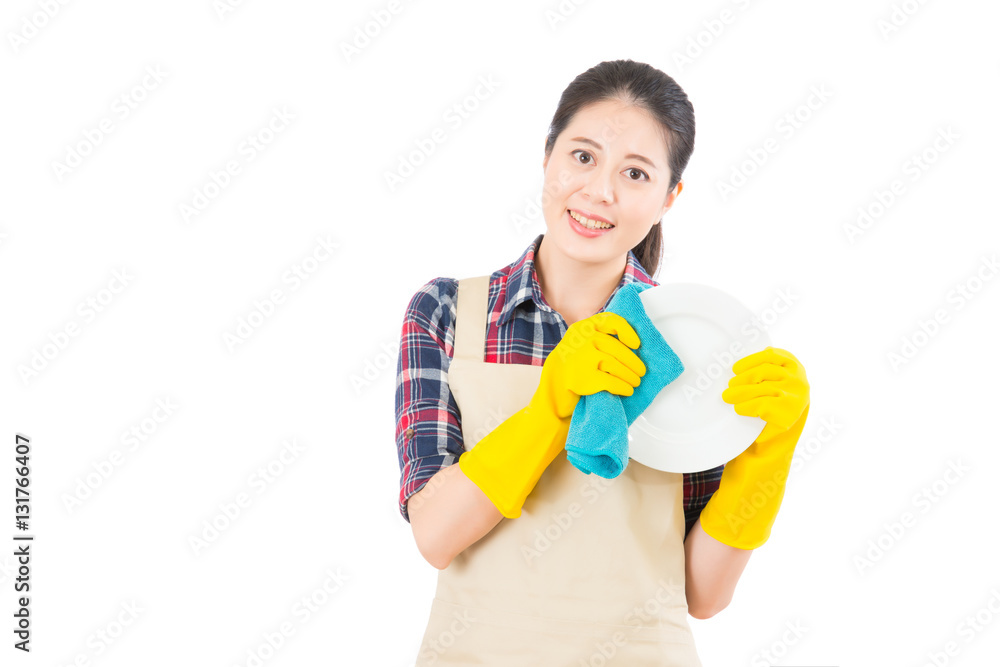 housewife washing wipe dishes with rag