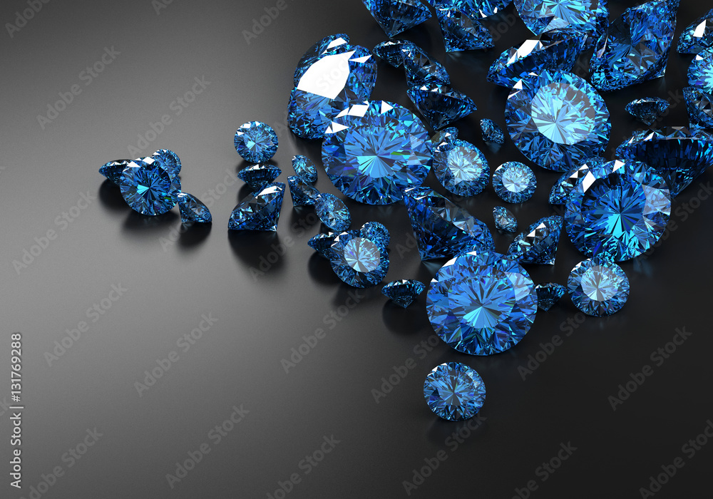 Blue diamonds placed on black background 3D illustration