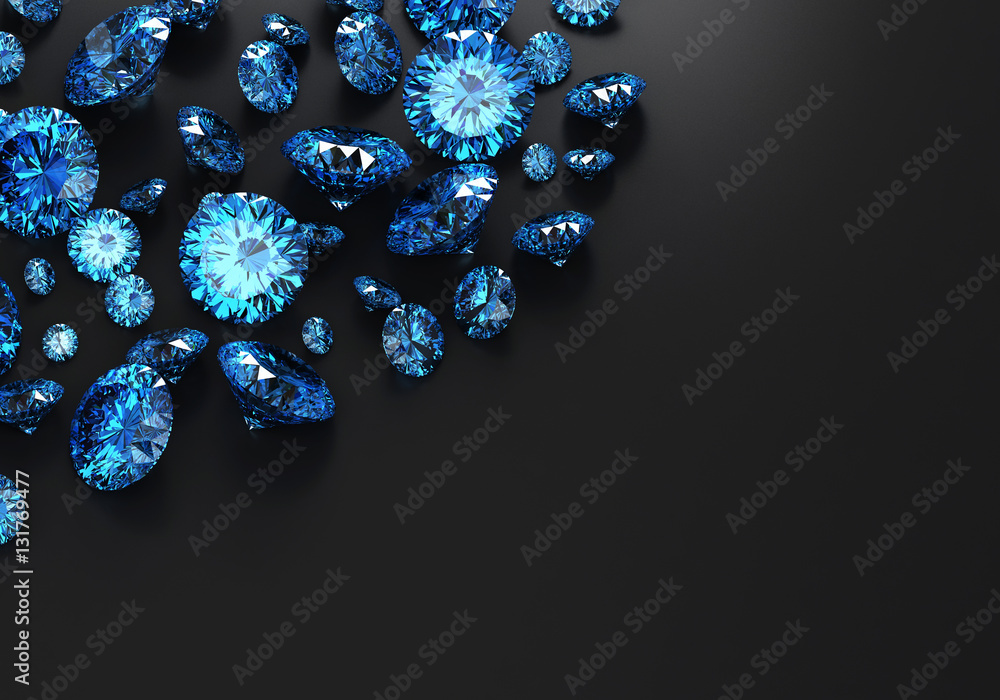 Blue diamonds placed on black background, 3D illustration.