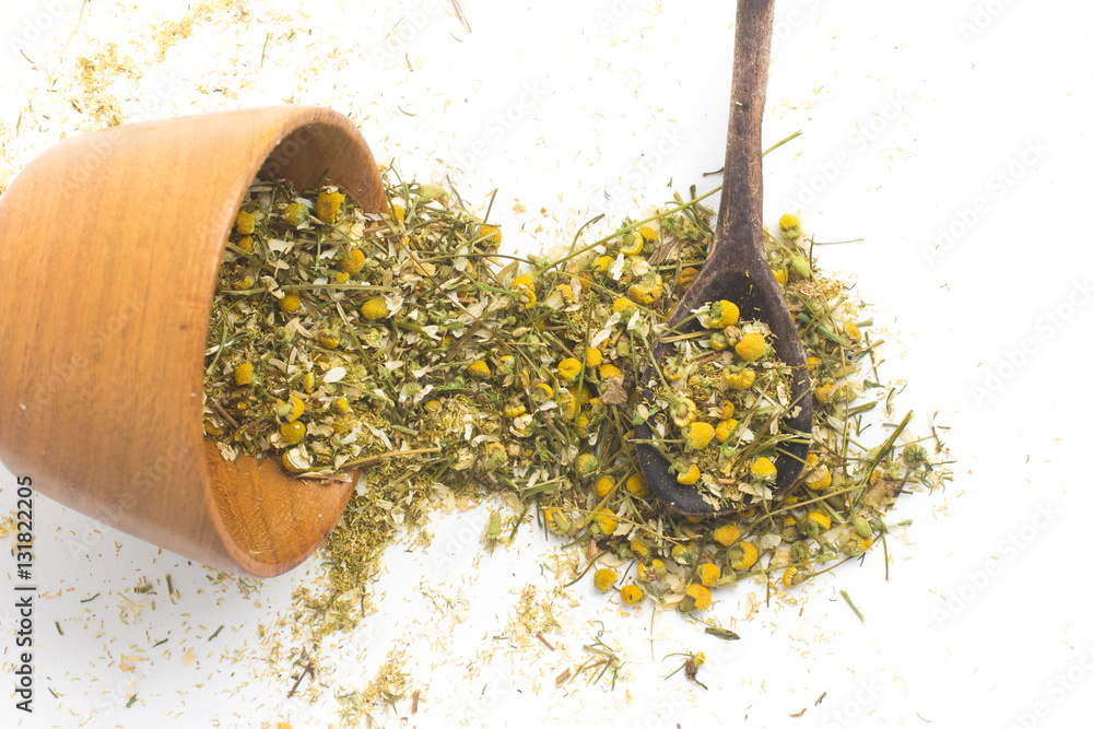 Dry Camomile Tea into a spoon