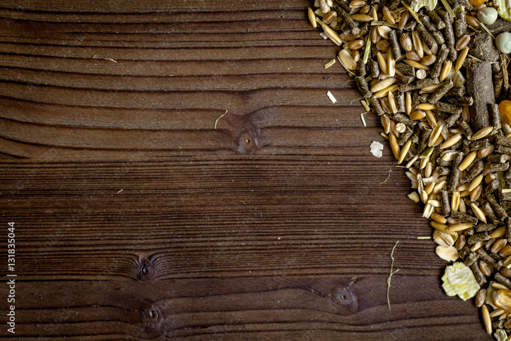 dry food for rodents on dark wooden background top view