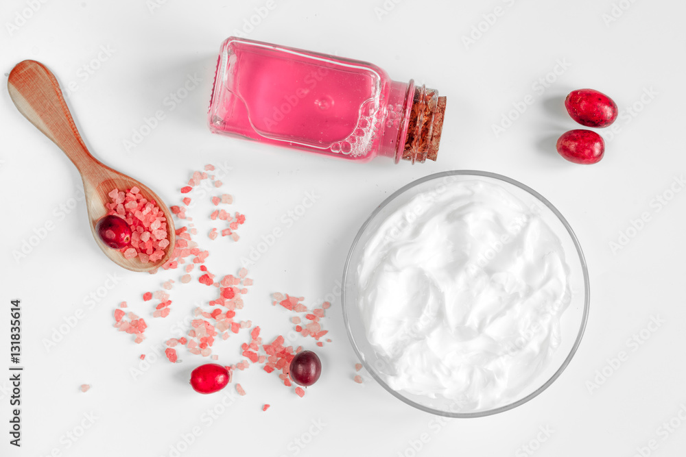 organic cosmetics with extracts of berries white background top view