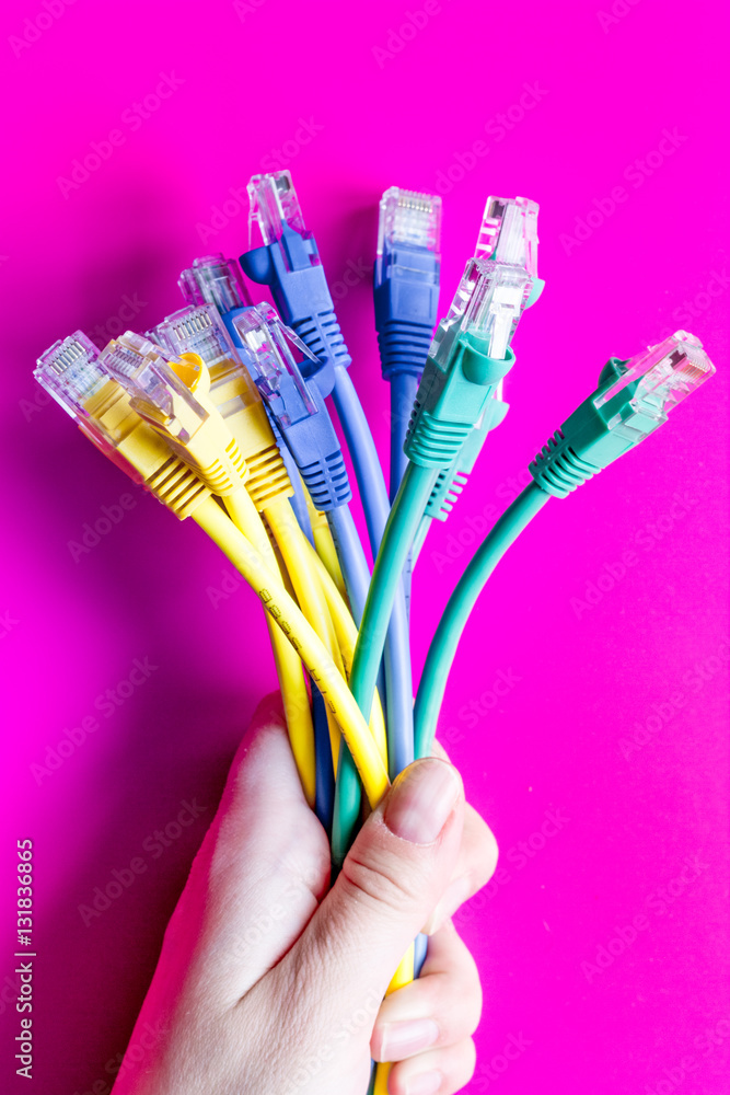 concept network internet cable on pink background close up