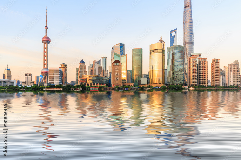 Shanghai skyline on the Huangpu River at dusk,China