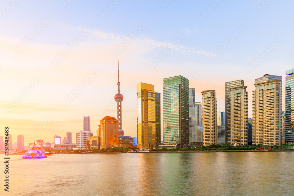 Shanghai skyline on the Huangpu River at sunset,China