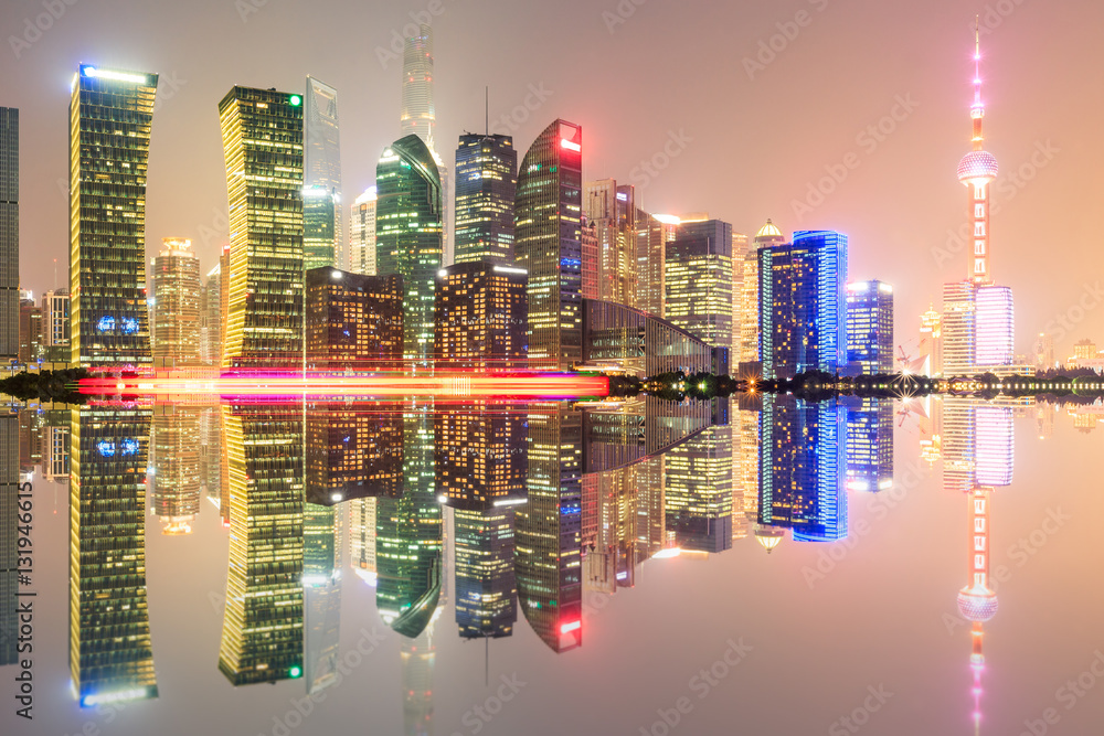 Shanghai skyline on the Huangpu River at night,China