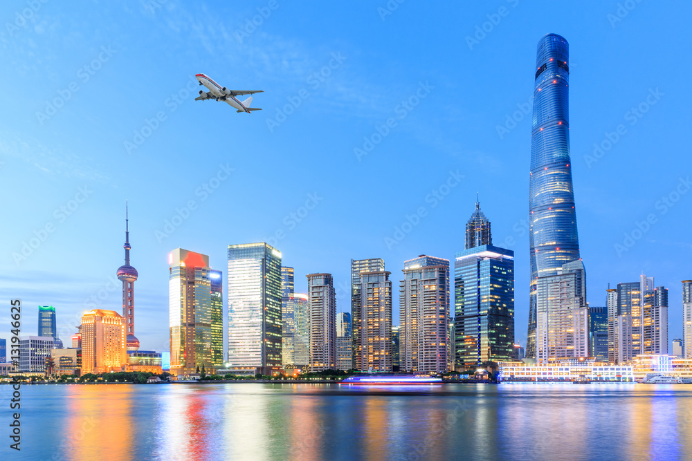 Shanghai skyline on the Huangpu River at night,China