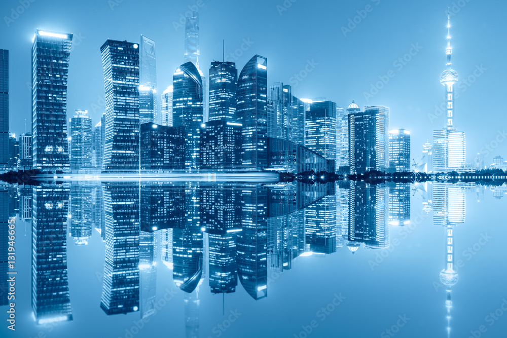 Shanghai skyline on the Huangpu River at night,China