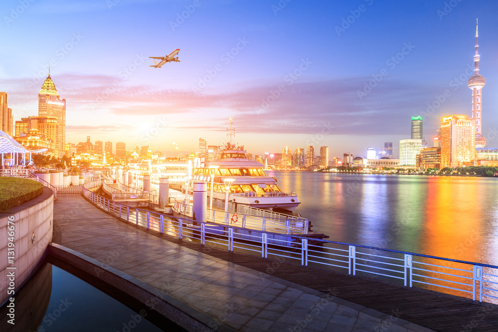 Shanghai skyline on the Huangpu River at sunset,China