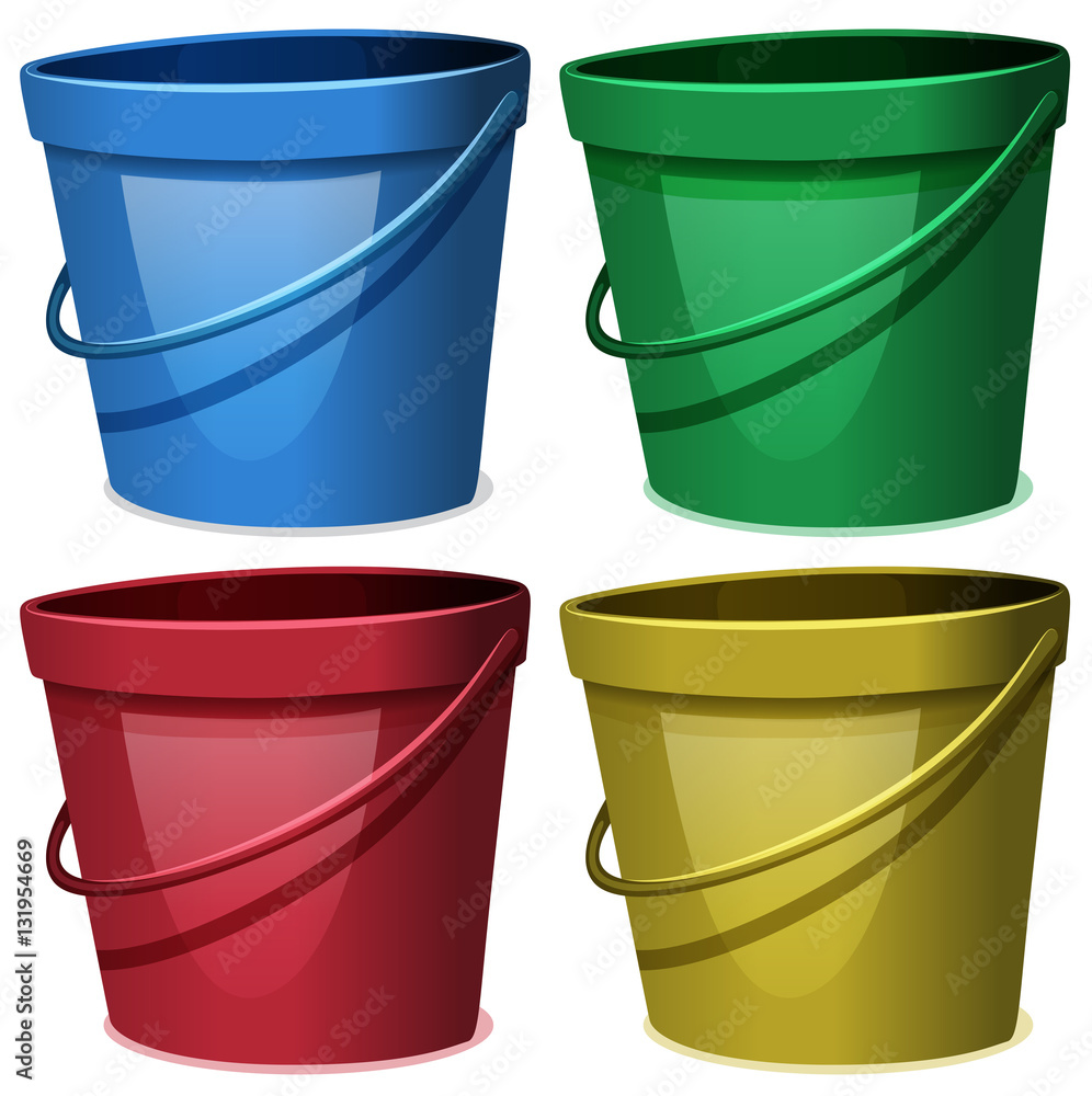 Four buckets of water in four colors