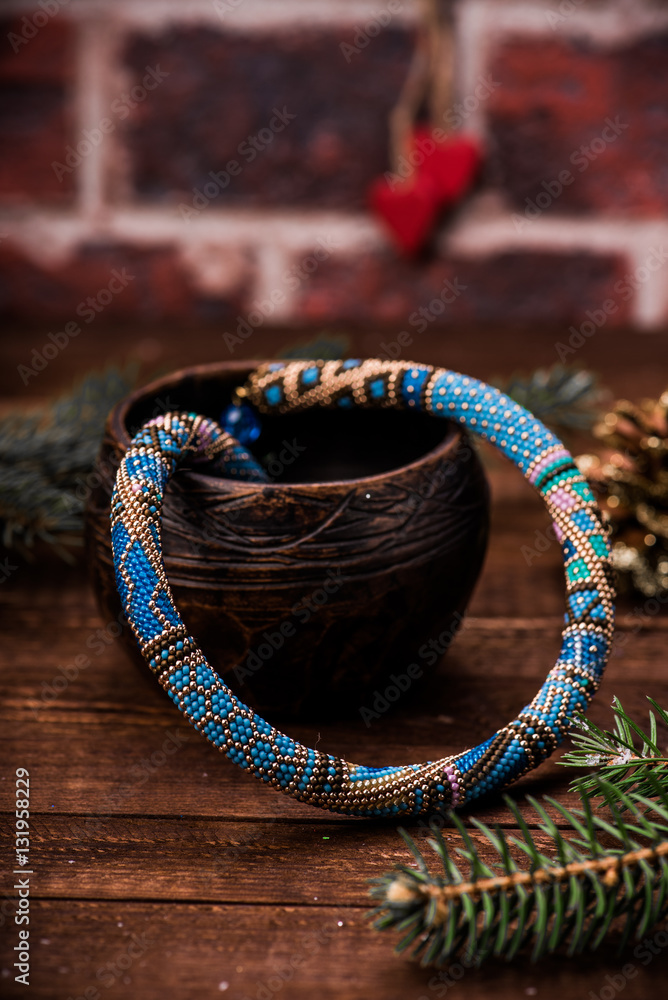 Beadwork. Beaded necklace. Winter. Christmas. Handmade Jewelry. Blue.