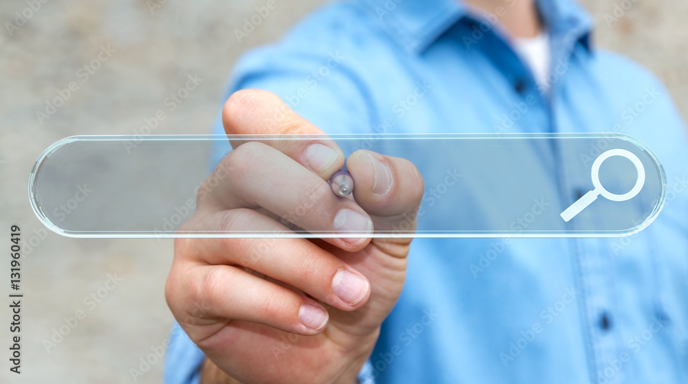 Man surfing on internet using tactile web address bar 3D renderi