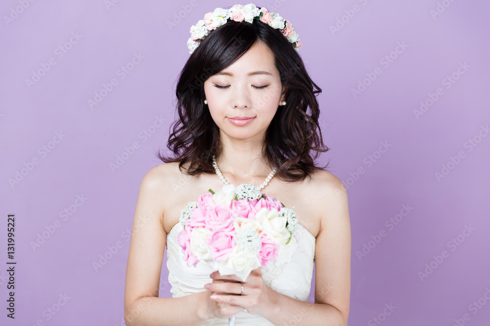 attractive asian woman wedding image on purple background