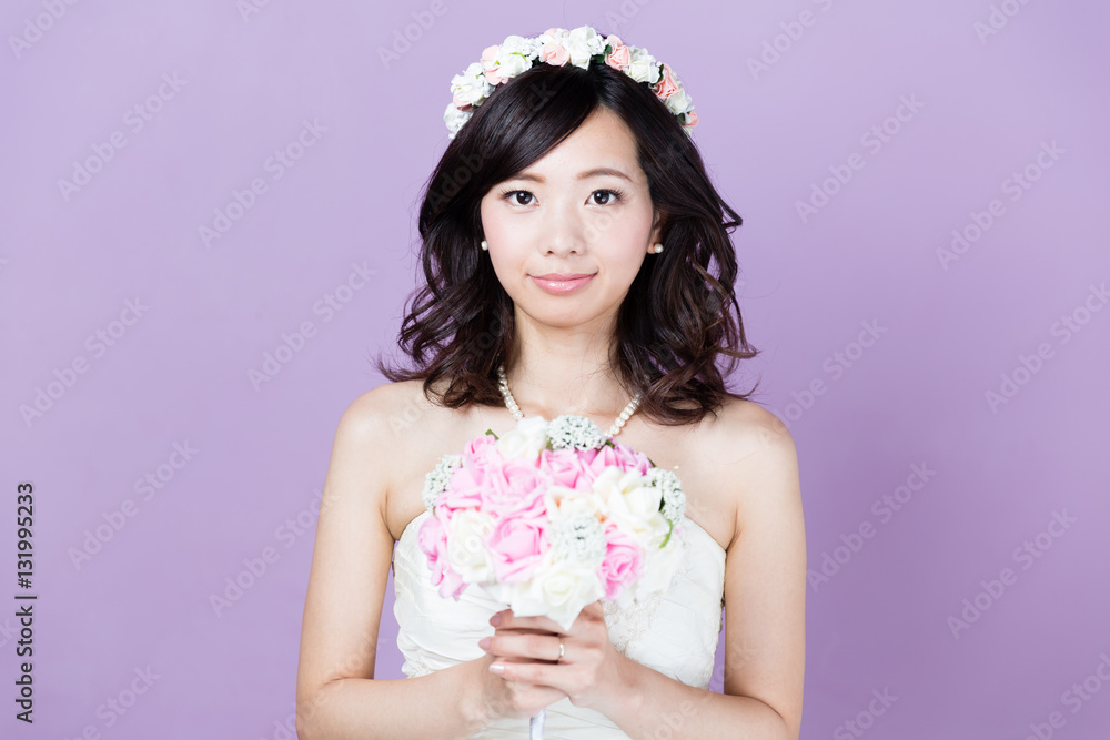 attractive asian woman wedding image on purple background