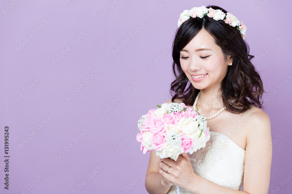 attractive asian woman wedding image on purple background