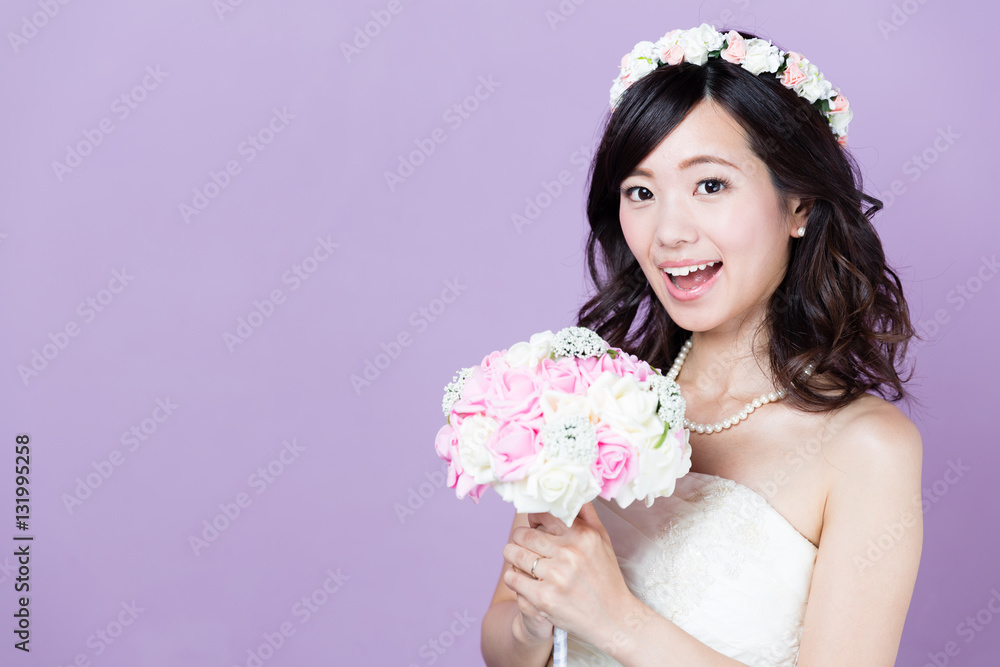 attractive asian woman wedding image on purple background