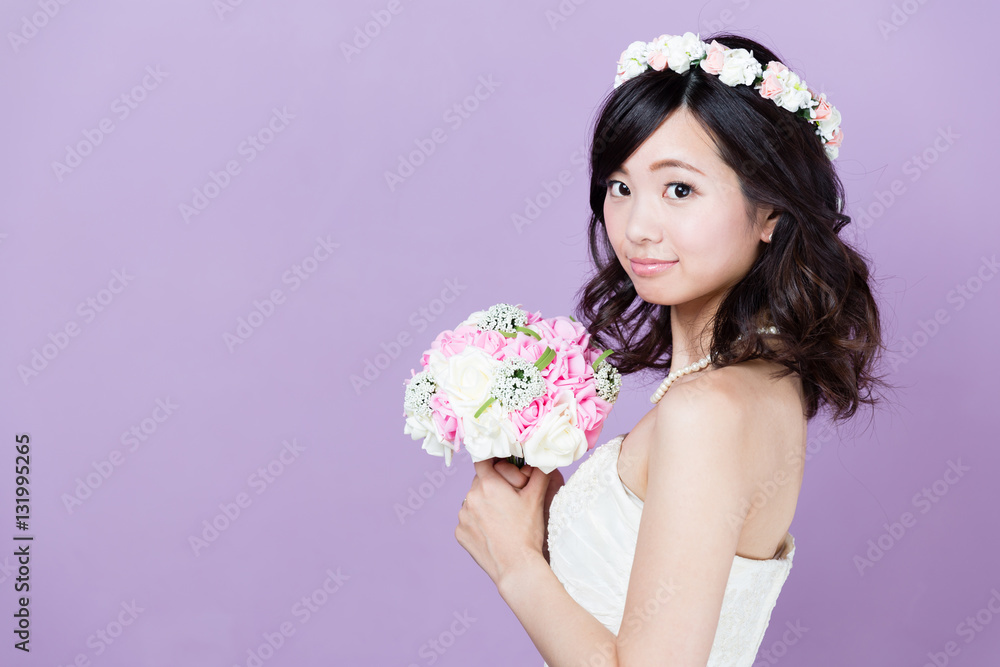 attractive asian woman wedding image on purple background