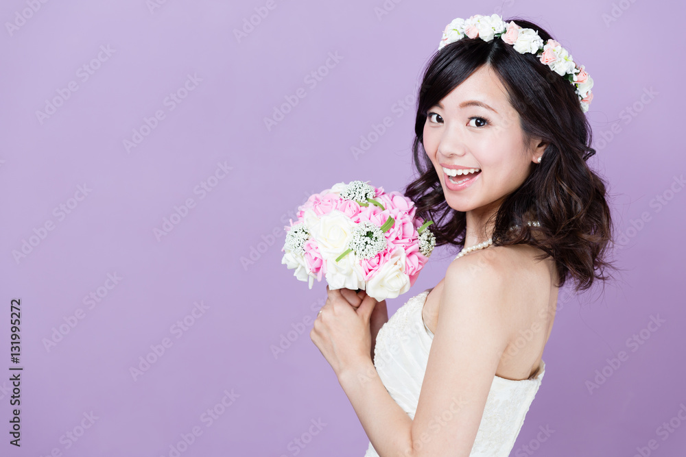 attractive asian woman wedding image on purple background