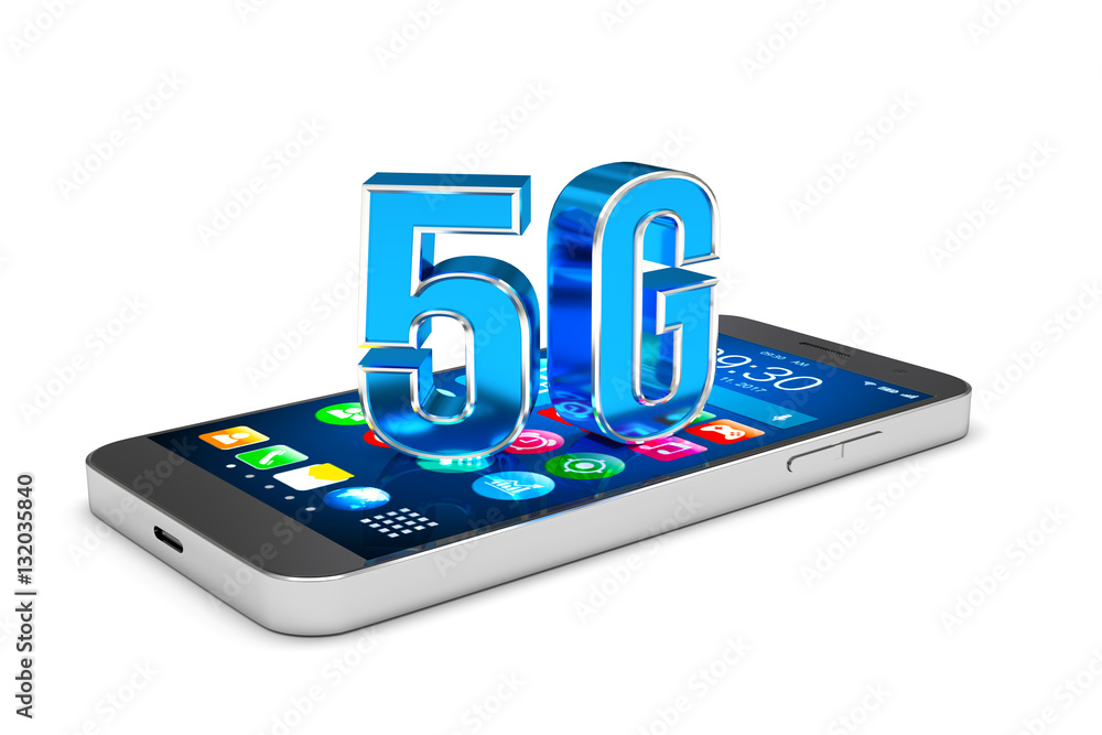 Smartphone with 5G wireless communication technology, High speed mobile internet. 3D illustration