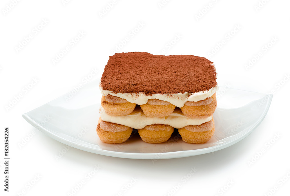 Tiramisu on white plate isolated. Clipping path.