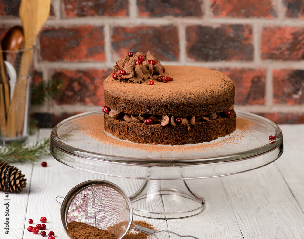 Chocolate cake with berries and cocoa powder on white wooden background. Authentic.