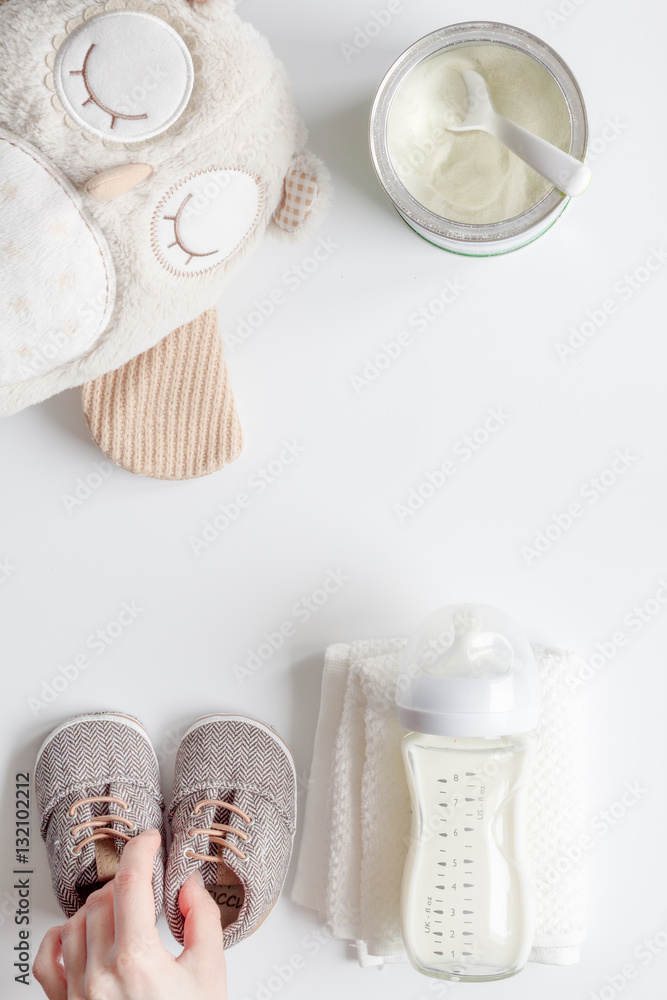 preparation of mixture baby feeding on white background top view