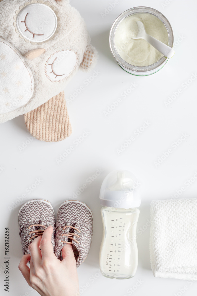 preparation of mixture baby feeding on white background top view